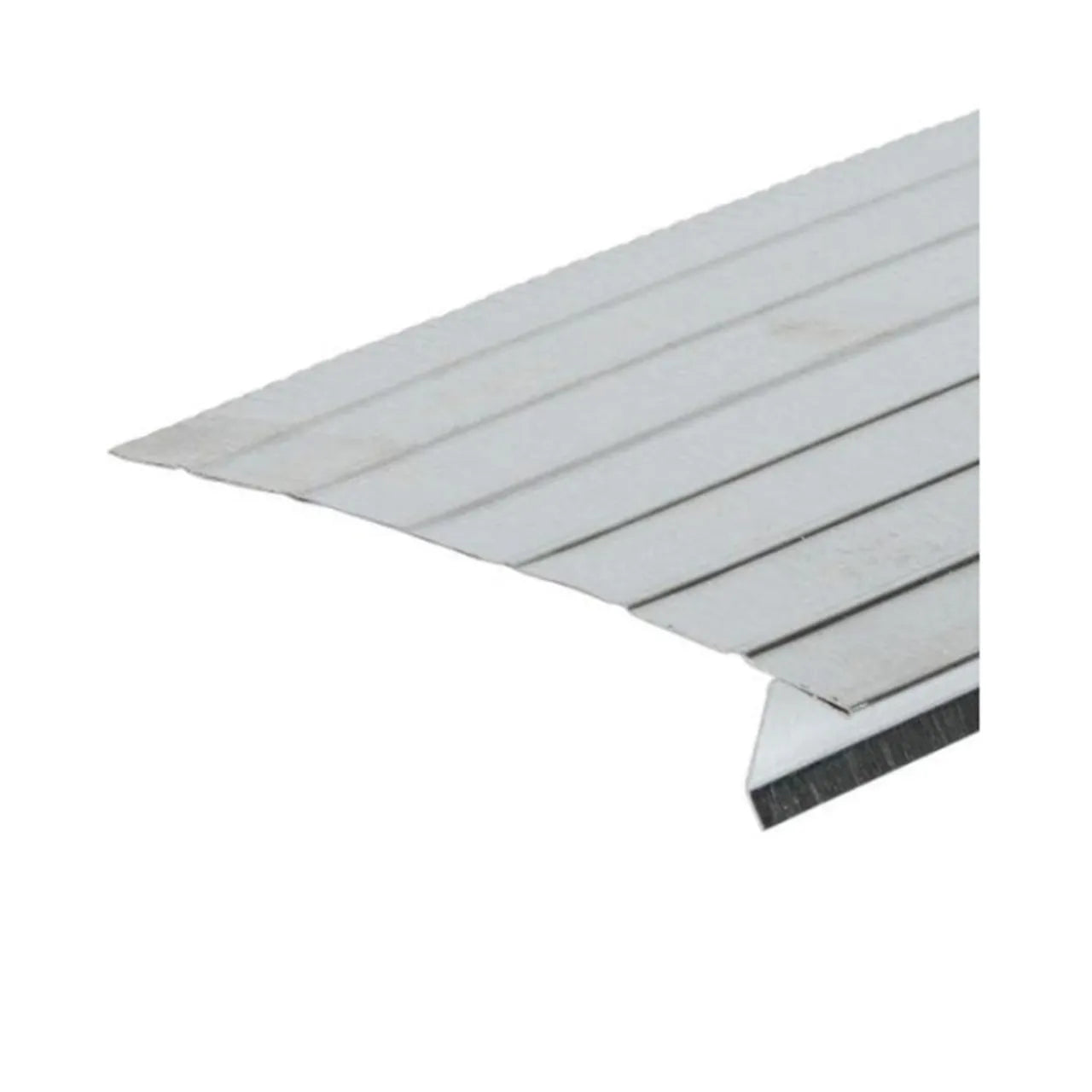 A close-up of the Go Build 6 in. x 10 ft. F8 Aluminum Drip Edge Flashing in mill finish, featuring parallel grooves for traction and a beveled edge, shown against a white background.